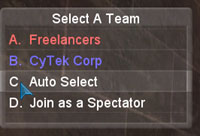 The team selection menu